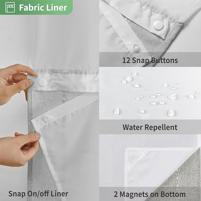 eachope No Hook Stall Shower Curtain with Snap-in Fabric Liner - 54x80 Heavy-Duty Linen Textured Striped Design,Narrow Rustic Modern Farmhouse Bohemian Bathroom Curtain,Water-Repellent,Grey/Gray
