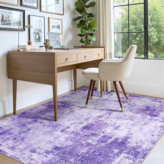 RELEANY Washable Area Rugs 4'x6' Non-Slip Modern Abstract Soft for Living Room Entryway Bedroom Kitchen, Print Pattern, Purple Gray Pink White
