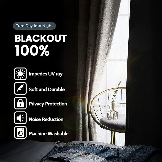 SimpleHome Natural 100% Blackout Curtains Room Darkening Living Room 63L | Curtains for Bedroom,Thermal Insulated Grommet Window Drapes,Curtains for Living Room with Black Back,38 x 63 Inch,2 Panels