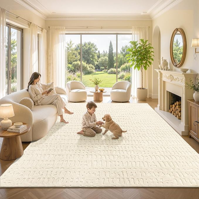 Yamaziot 8x10 Washable Area Rug, High-Low Grid Textured Living Room Rugs, Soft Fluffy Non-Slip Mats Stain Resistant Contemporary Bohemian Carpet for Dining Room, Kids Nursery Room, Bedroom, Office