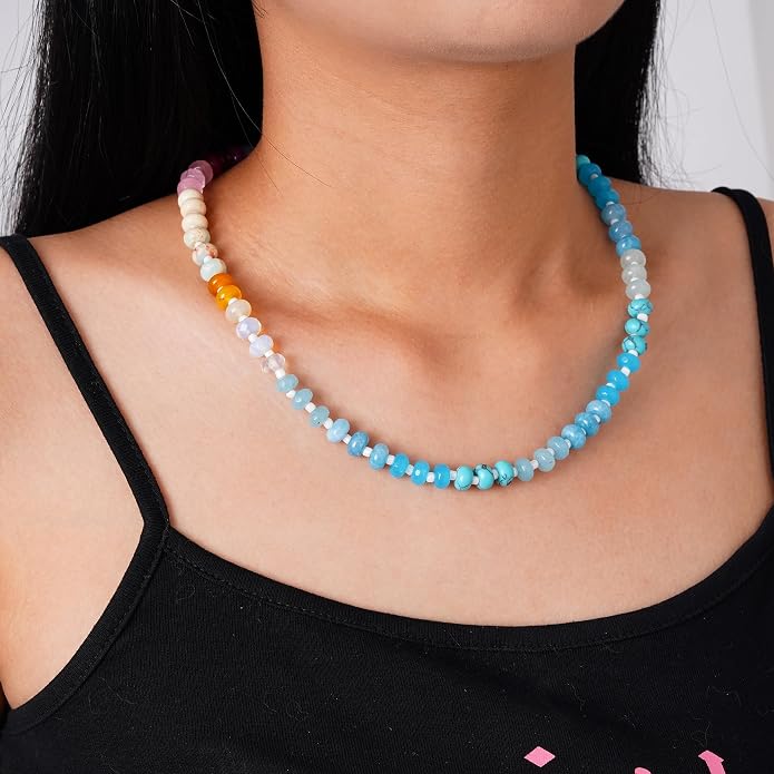 LALAPPLE Colorful Beaded Gemstone Necklace for Women, Boho Rainbow Bead Choker with Natural Stone Crystal Beads, Handmade Summer Beach Necklace Jewelry