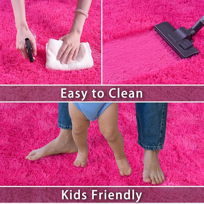 Dssimo Hot Pink Rugs for Living Room Bedroom, 8x10 Shaggy Area Rug | Large Plush Furry Upgrade Non-Slip Pink Area Rug for Nursery Kids Room Dorm Room Home Decor, Modern Indoor Floor Carpet