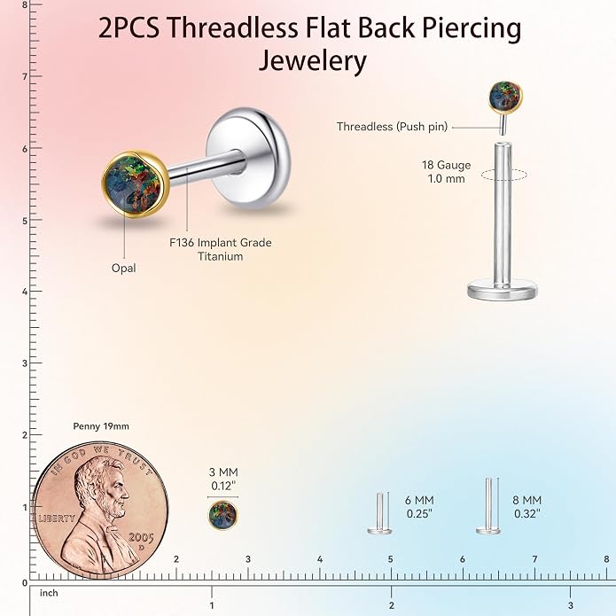 limerencia 18G Hypoallergenic Titanium Opal Threadless Nose Stud Earrings, 2PC Flat Back Push in Stud Earrings Labret Medusa Monroe Helix Cartilage Tragus Conch Piercing Jewelry for Women Men