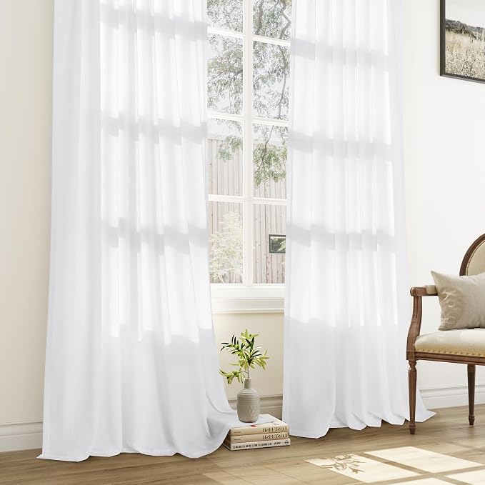 White Pinch Pleated Semi Sheer Curtains 63 Inch Length for Living Dining Room Kitchen Cotton Blend Light Filtering Pinch Pleat Linen Drapes Back Tab 2 Panels Off White Bedroom Window Curtains 40x63