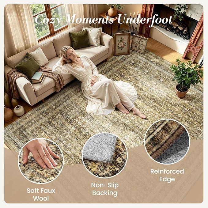 9x12 Washable Area Rugs for Living Room Bedroom, Non-Slip Large Rugs | Vintage Distressed Retro; Low Pile; Stain Resistant; Neutral Boho Carpet for Dining Room, Nursery, Home Office; Caramel Brown