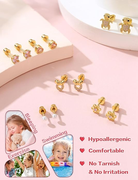 CASSIECA Hypoallergenic Earrings for Girls Kids Women Screw Back Surgical Stainless Steel CZ Heart Stud for Sensitive Ears Cute Jewelry Gift 20G