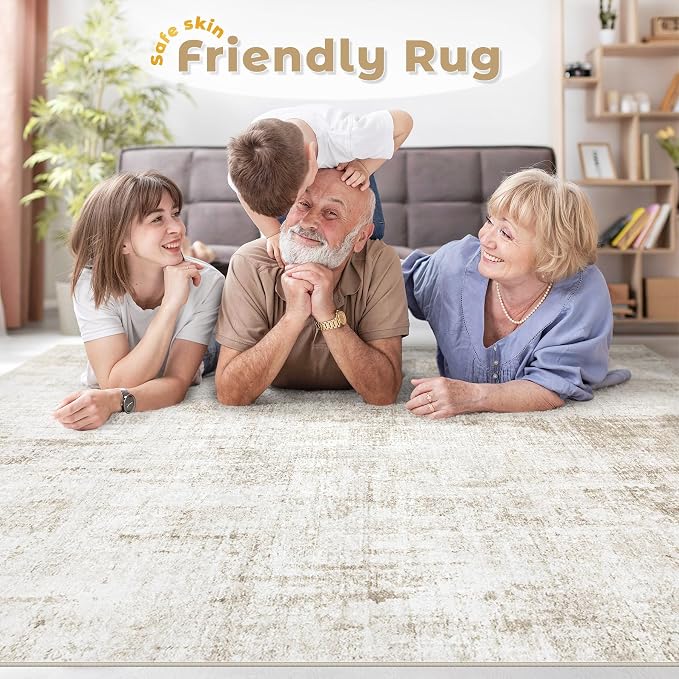 9x12 Area Rug for Living Room: Washable Abstract Soft Rugs Non Slip Modern Stain Resistant Low Pile Carpet for Dining Room Bedroom Nursery Office (Beige, 9'x12')