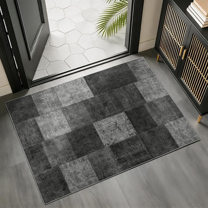 LIANLAM 2x3 Washable Entryway Rug,Non-Slip Indoor Door Mat with Vintage Boho Checkered Pattern, Stain & Water Resistant Faux Wool Low Pile for Front Door,Hall,Kitchen,Bathroom - Easy Clean(2x3,Black)