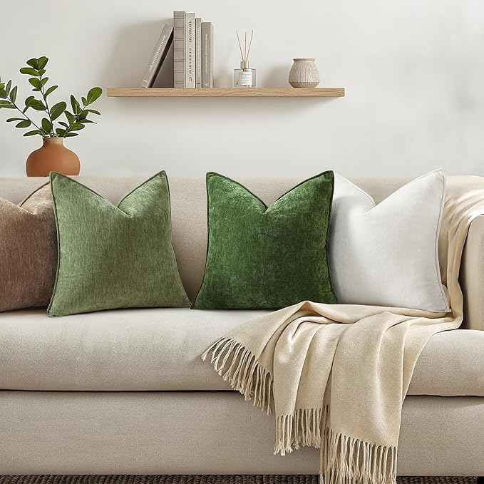 decorUhome Chenille Olive Green Velvet Throw Pillow Covers 26x26 Set of 2 | Fall Soft Euro Sham Couch Decorative Modern Farmhouse Pillow Cases with Elegant Design for Sofa Bed Living Room Home Decor