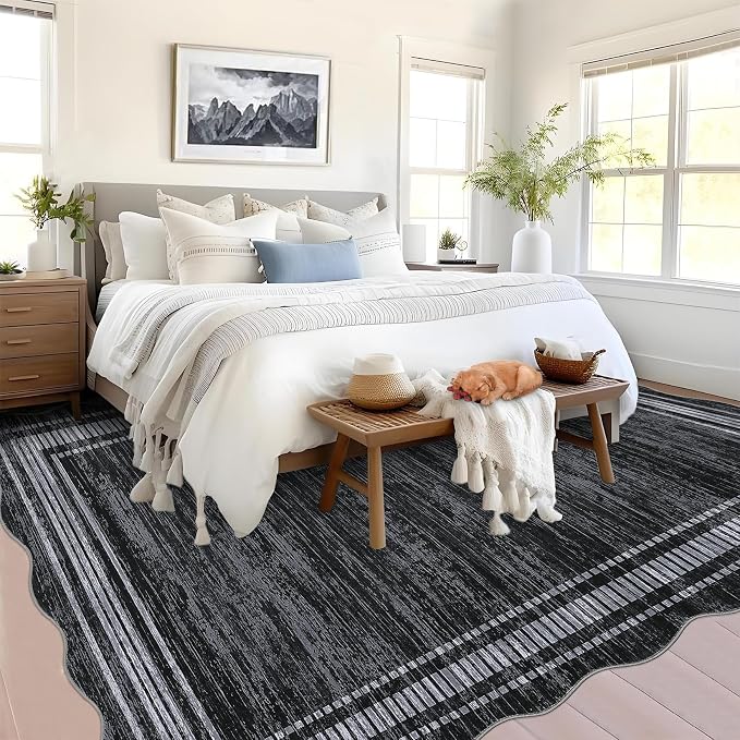 Garvee Black Scallop Area Rug 5x7 Washable Rugs for Bedroom Neutral Rug | Soft Low Pile Solid Rug, Bedroom Throw Carpet Stain Resistant Classic Area Rug Boho Rugs for Kitchen Nursery