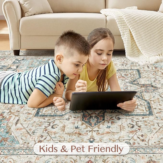 Tortania Area Rug Living Room Rugs - 10x13 Washable Boho Rug Vintage Oriental Distressed Farmhouse Large Thin Indoor Carpet for Living Room Bedroom Under Dining Table Home Office - Aqua Multi