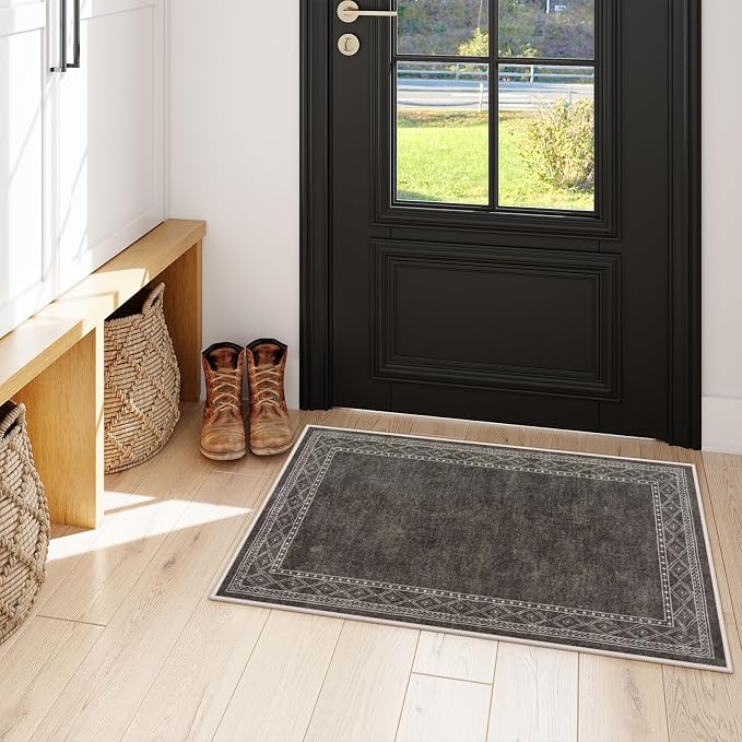 Lahome Modern Bordered Kitchen Rugs Non Slip Washable, 2x3 Rugs for Entryway Ultra-Thin Soft Door Mat Indoor Entrance Rubberback Throw Carpet for Bathroom Bedroom Front Door(2x3ft,Brown)