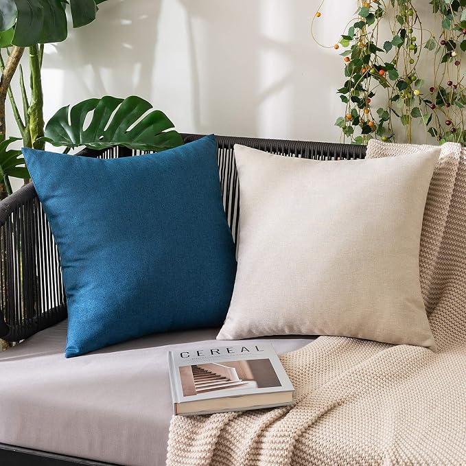 MIULEE Pack of 2 Decorative Outdoor Solid Waterproof Throw Pillow Covers Faux Linen Garden Farmhouse Coastal Cushion Cases for Summer Patio Tent Balcony Couch Sofa 12x12 Inch Blue