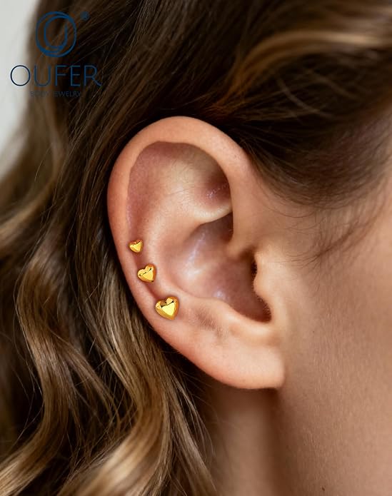 OUFER 18G 6/7/8MM Flat Back Cartilage EarRings-3PCS Gold Titanium Extended Internally Threaded Lip Piercing 2/3/4MM Round Clear CZ Helix Piercing Jewelry
