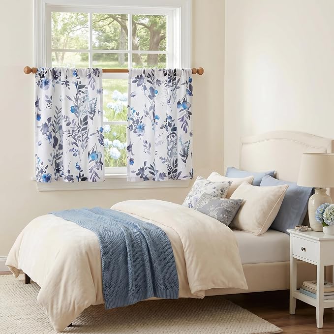 MYSKY HOME Floral Tier Curtains Over Sink 30 Inch Long Set of 2 - Short Blackout Half Window Curtains with Rod Pocket for Kitchen, Cabinet, Basement, Camper, Blue, 30 inch Wide