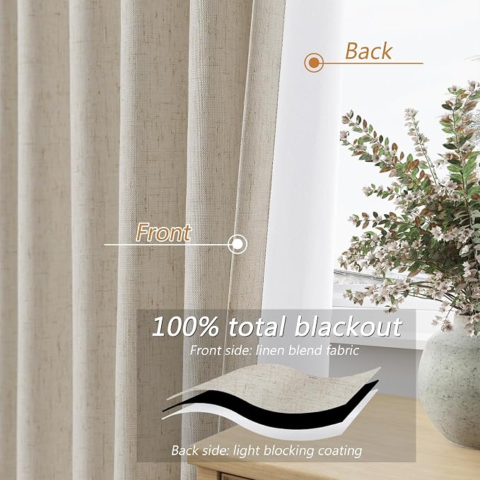 Guken Extra Long 100% Blackout Linen Curtains for Bedroom 108 inches Long, Thermal Insulated Room Darkening Black Out Drapes for Living Room, Back Tab Rod Pocket 2 Panels Set,Taupe Burlywood,52x108