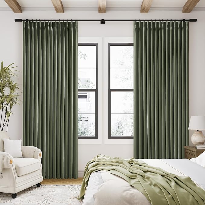 TWODRAPES Olive Green Blackout Linen Curtains 108 Inches Long Pinch Pleated | 100% Black Out Curtains Lined 2 Layers, Memory Shape, Noise Reducing, Room Darkening, for Living Room Window, 40x108 2 Panels