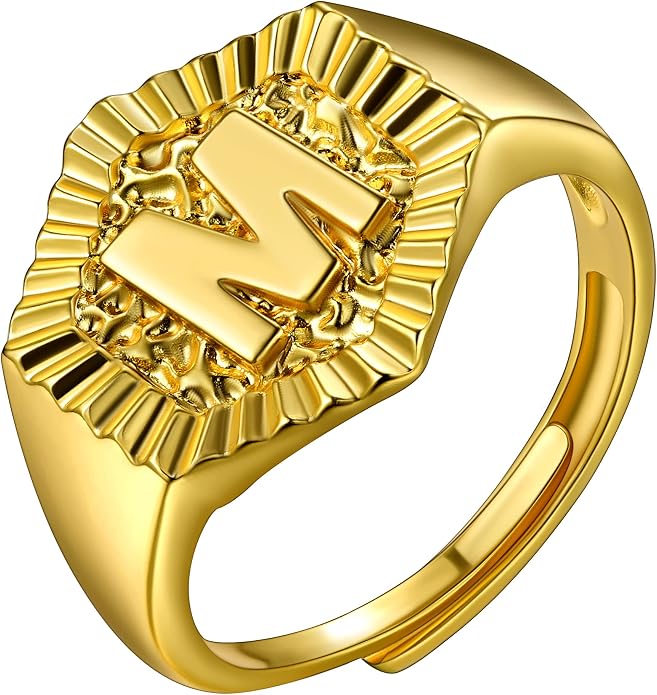 U7 Initial Ring Wedding Band for Men Women 18K Gold Plated Statement Hexagon A-Z Letter Jewelry Personalized Stackable Signet Rings