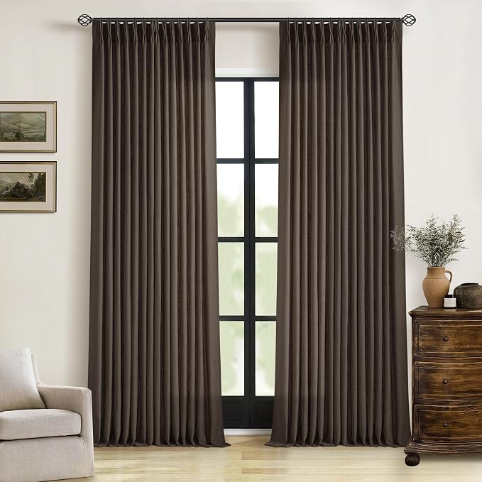 Dark Chocolate 120 Inch Pinch Pleated Semi Sheer Linen Curtains 2 Panels | for Living Room Bedroom, Memory Training Shaped, Light Filtering, Pinch Pleat Drapes with Hooks Rings, Window Curtains 40x120