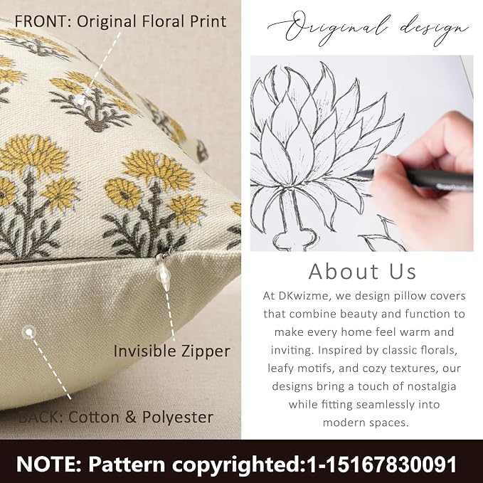 Farmhouse Floral Pillow Covers 20x20 Set of 2, Country Botanical Throw Pillow Cover for Sofa Couch Bed Living Room, Earthic Vintage Flower Cushion Covers Cottage Home Decor,Golden Mustard