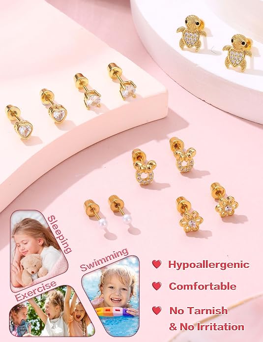 CASSIECA Hypoallergenic Earrings for Girls Kids Women Screw Back Surgical Stainless Steel CZ Heart Stud for Sensitive Ears Cute Jewelry Gift 20G