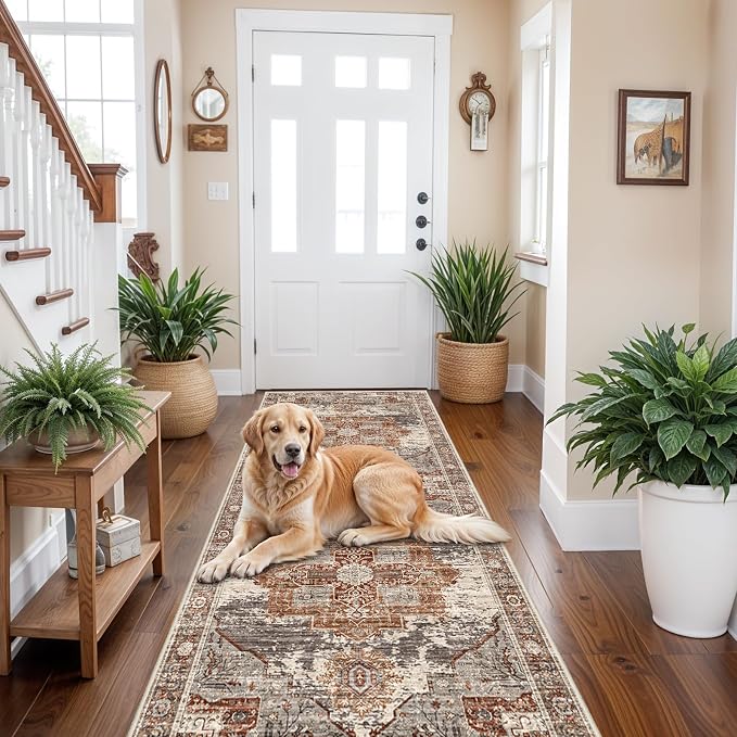 RUUGME Washable 3X8 Runner Rugs - Large Boho Rugs for Living Room Stain Resistant Carpet Vintage Tribal Rugs for Bedroom Kitchen Bathroom Non Slip Backing Home Decor Floor Decoration Mat 3X8 Brick