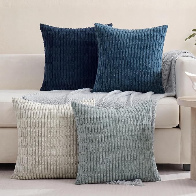 Softalker Throw Pillow Covers 22x22 Inch, Set of 4, Corduroy Soft Striped Farmhouse Boho Pillow Cover, Modern Decorative Cushion Pillow Case for Couch Sofa Bedroom Living Room, Grey/Blue