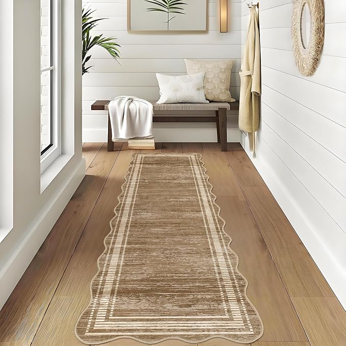 Garvee Scalloped Washable Runner Rugs for Hallway 2x6 Kitchen Runner Rug, Non Sip Bathroom Soft Rug Runner, Low Pile Modern Abstract Scalloped Indoor Carpet for Entryway Laundry Room Foyer, Brown | Modern Long Runner Rug for Entryway Bedroom, Non Slip ...
