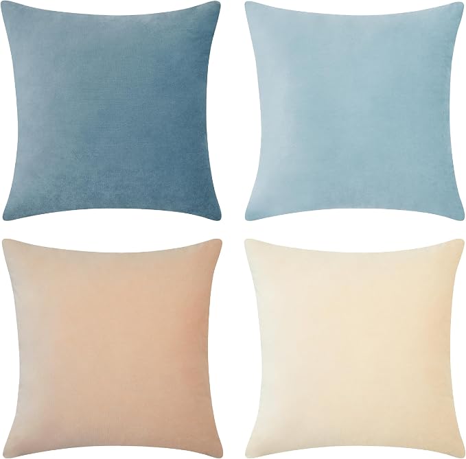 MONDAY MOOSE Decorative Throw Pillow Covers Cushion Cases, Set of 4 Soft Velvet Modern Designs, Mix and Match for Home Decor, Pillow Inserts Not Included (18x18 inch, Beige/Light Blue)