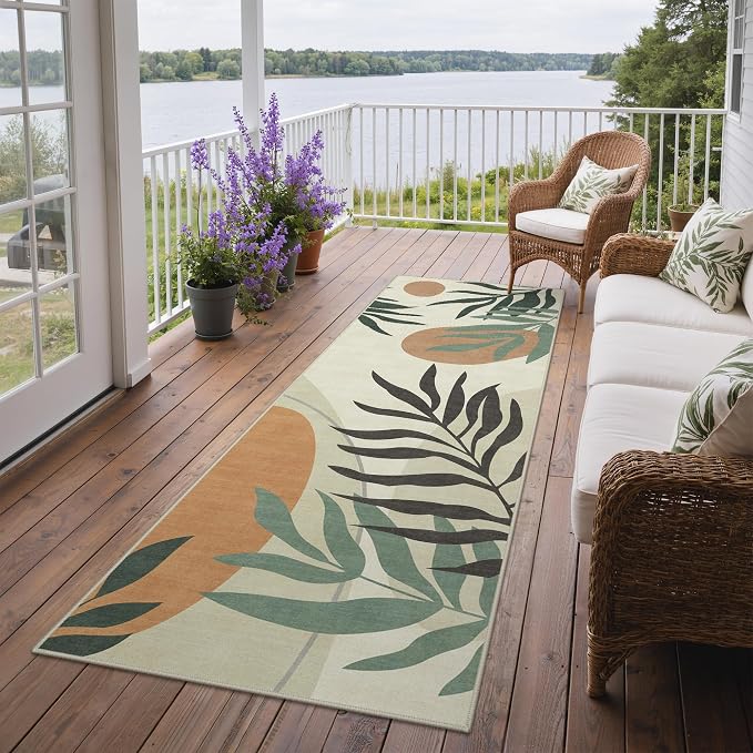 GENIMO 2.5x8 Outdoor Runner Rug, Washable for Patio, Beige Olive | Botanical leaf design for balcony; fade resistant chenille and quick-dry non-slip backing for indoor hallway kitchen.