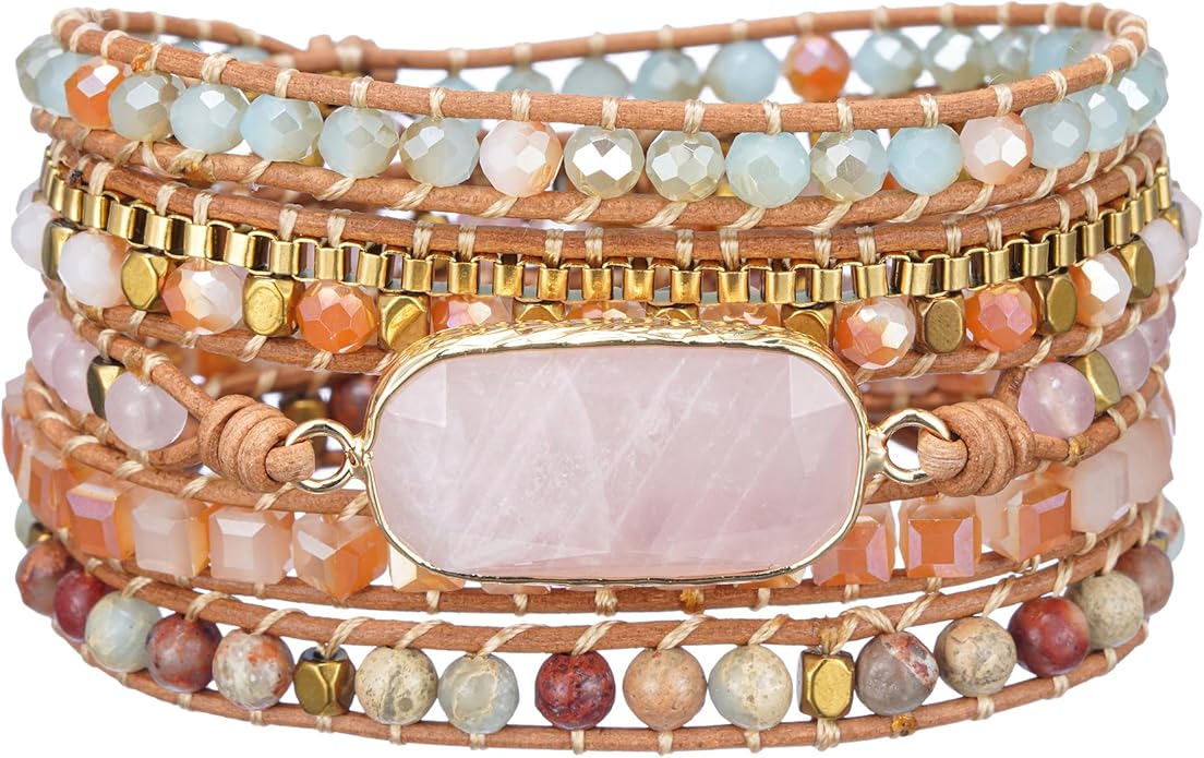 Plumiss Women Boho Handmade Natural Stone Crystal Leather Bead Wrap Bracelets Collection