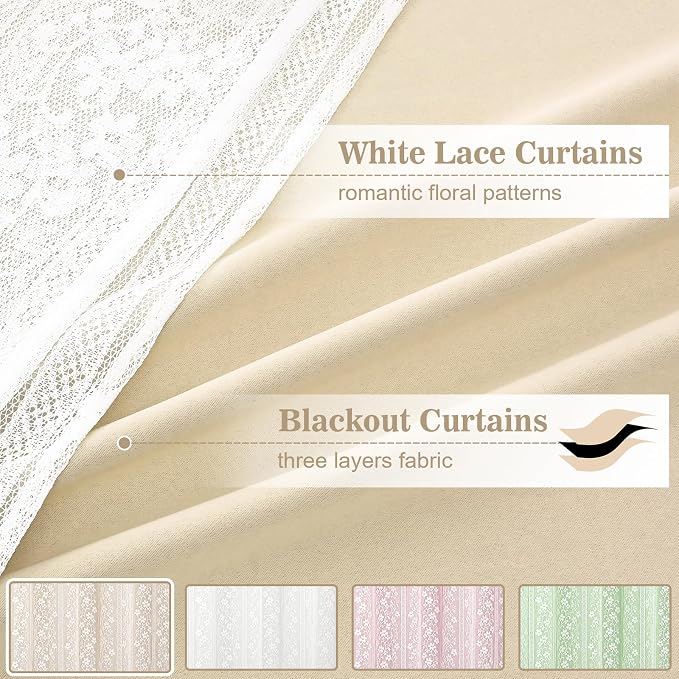 ASPMIZ Beige Blackout Curtains for Bedroom 63 inch Long, Double Layer Curtains with Lace Overlay, Light Blocking Grommet Drapes for Living Room Thermal Insulated Window Curtain Panels Set of 2, 52x63