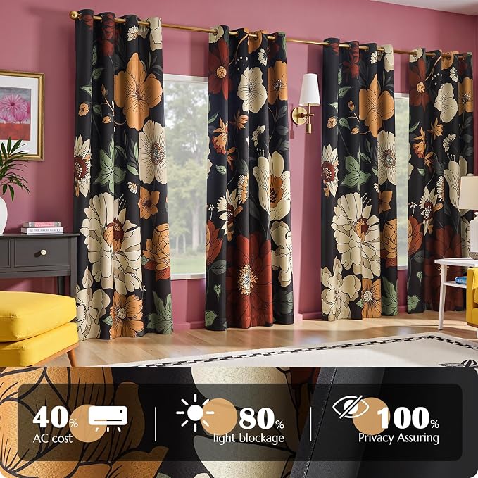 jinchan Black Boho Floral Blackout Curtains 84 Inch Grommet 4 Panels | Room darkening, Vintage, living room, bedroom, privacy, floral print, flower pattern, fall decor, window treatments