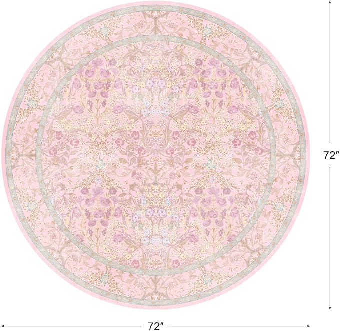 Lunasun Light Pink 5ft Round Rug for Living Room - Floral Circle Rug for Bedroom, Kids Room, Home Office, Washable Low Pile Non Slip, Pastel Green and Pink French Country Style Indoor Aesthetic Décor