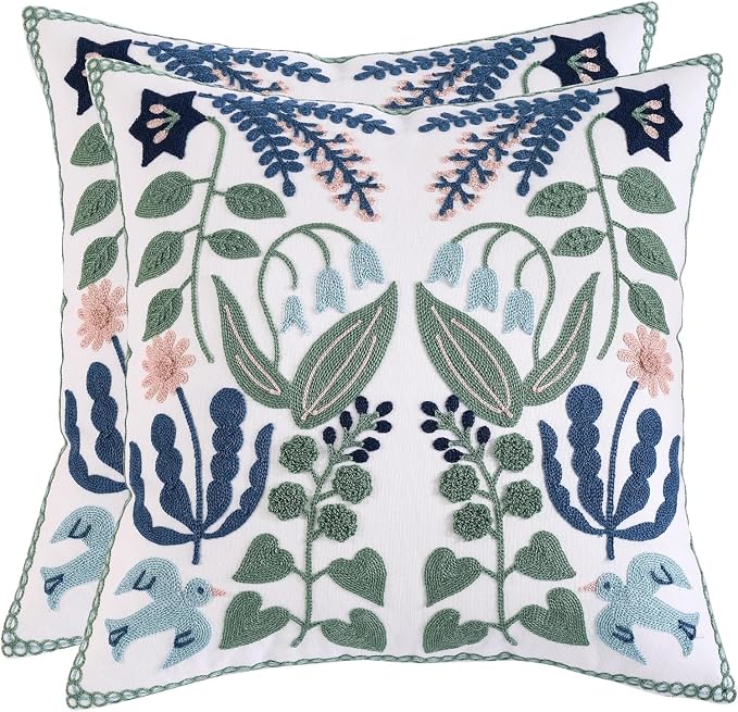 Embroidered Throw Pillow Covers 16x16 Pack of 2 Green Leaves with Birds Floral Tufted Pillowcases Summer Decor Coastal Pillow Cushion Cases Square Navy Blue Flower Pillow Case
