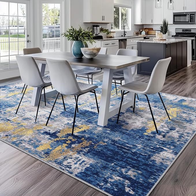 RELEANY Washable Area Rugs 6'x9' Non-Slip Modern Abstract Soft for Living Room Entryway Bedroom Kitchen, Print Pattern, Grey Blue Gold/Golden