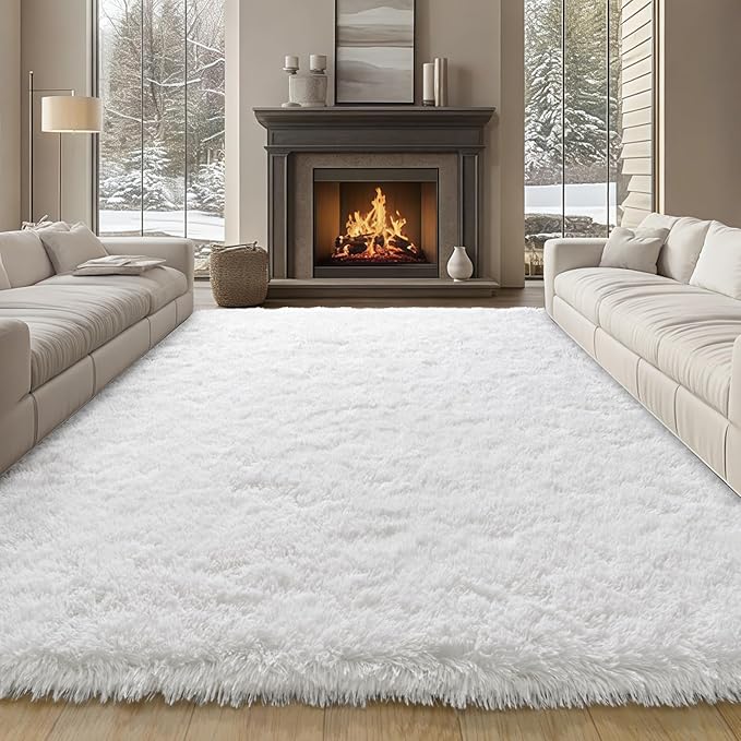 9x12 Large Area Rugs for Living Room, White Fluffy Shag Rug | Bedroom and Nursery, Soft and Comfy, Big Fuzzy Carpet for Kids, Girls Room Dorm Home Decor Aesthetic, Upgrade Non Slip