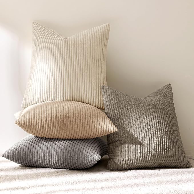 MIULEE Boho Farmhouse Neutral Cream Throw Pillow Covers 18x18 Inch Set of 4 Mordern Nordic Cushion Covers Soft Corduroy Spring Home Decor for Couch Bed Sofa Living Room
