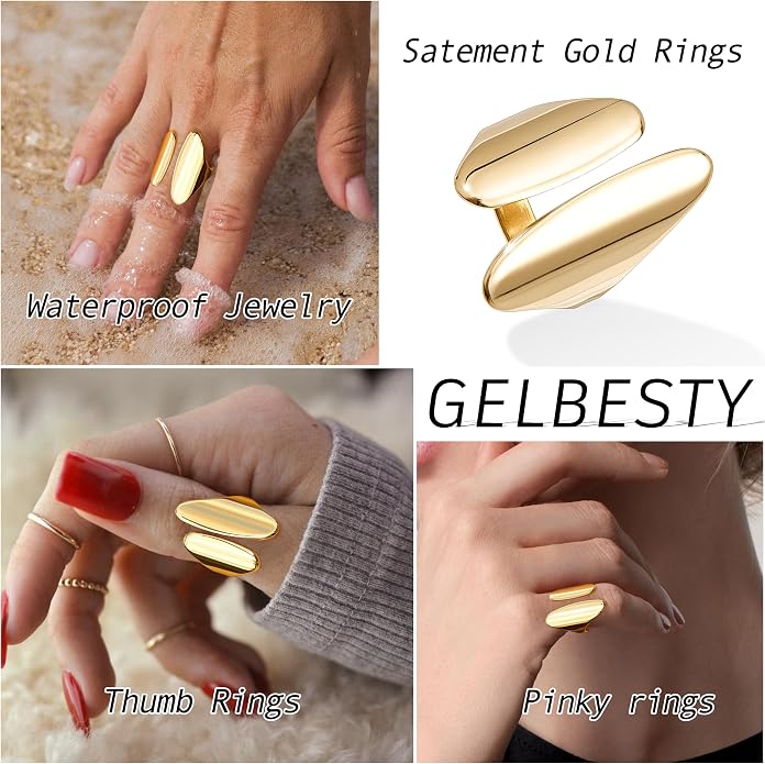 Gelbesty Waterproof Gold Statement Rings for Women, 14K Gold Plated Chunky Open Stackable Rings Non Tarnish Fashion Adjustable Stainless Steel Pinky Knuckle Signet Vintage Ring Jewelry Size 5-11