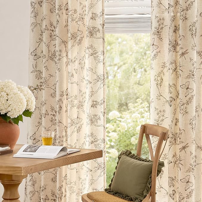 Lazzzy Charlotte Farmhouse Linen Curtains Taupe Floral Curtains 108 Inch Length Extra Long Drapes for Living Room Bedroom Light Filtering Country Vintage Rod Pocket Curtain, 2 Panels, Taupe on Beige