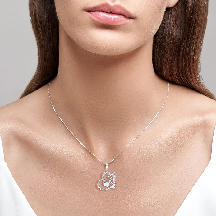 Butterfly Necklace for Women 925 Sterling Silver Heart Pendant Birthstones Jewelry Gift