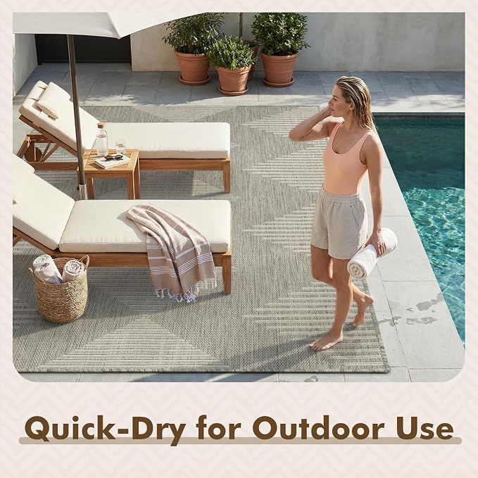 MontVoo-Outdoor Rug-Patio Rug 9x12 Polypropylene Indoor Outdoor Rugs Outdoor Carpet for Patio Deck Balcony Porch, Textured Weave, Durable for High Traffic, Fade-Resistant, Boho Geometric Silver Grey