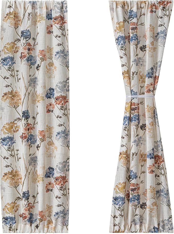 MYSKY HOME Floral Linen French Door Curtains 72 inch Long 2 Panels for Front Door - Light Filtering Privacy Semi Sheer Window Curtains with Rod Pocket, Yellow, 24" W x 72" L