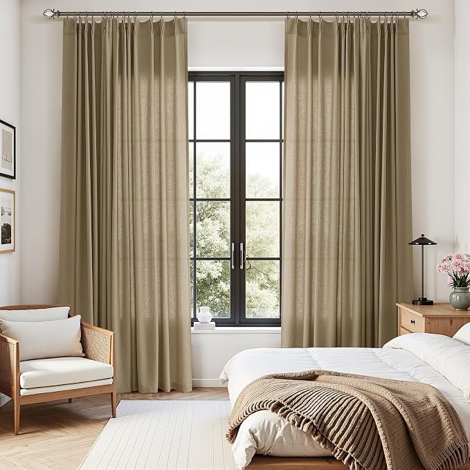 Aersas Linen Brown Pinch Pleated Linen Curtains 96 Inch Length 2 Panels for Living Room Bedroom Semi Sheer Window Curtain Boho Neutral Back Tab Pinch Pleat Drape with Hooks 40x96