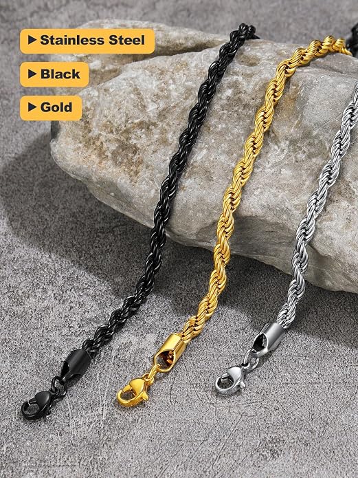 U7 Link Bracelets for Men, Cuban Link/Rope/Watch Band Solid Bracelet, Silver Black Gold Color Wrist Bracelet 3/6/9/12/15mm Width, 6.5/7.5/8.3 Inch Length, Hand Chain Jewelry for Mens Women