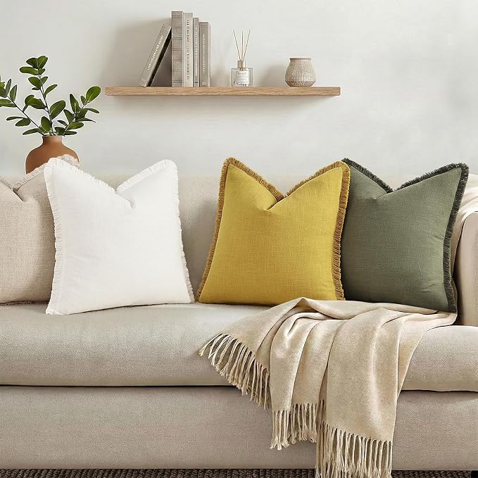 decorUhome Linen Fringe Cream White Throw Pillow Covers 20x20 Set of 2 | Decorative Soft Accent Modern Boho Farmhouse Cushion Covers with Tassels Cotton Pillow Covers for Couch Bed Sofa