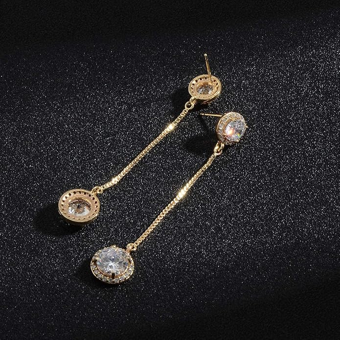 Crystal Linear Drop Earrings - Womens Sterling Silver Round Cubic Zirconia CZ Diamond Rhinestone Long Chain Dangle Earrings Bridal Drop Earrings for Wedding Bride Bridesmaids