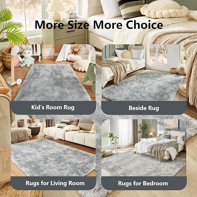 Floralux 4x6 Shag Rug, Tie-Dye Light Grey, Modern Fluffy Rugs for Bedroom, Soft Plush Carpet for Living Room, Nursery Kids Room, Home Dorm Decor Aesthetic, Area Rugs