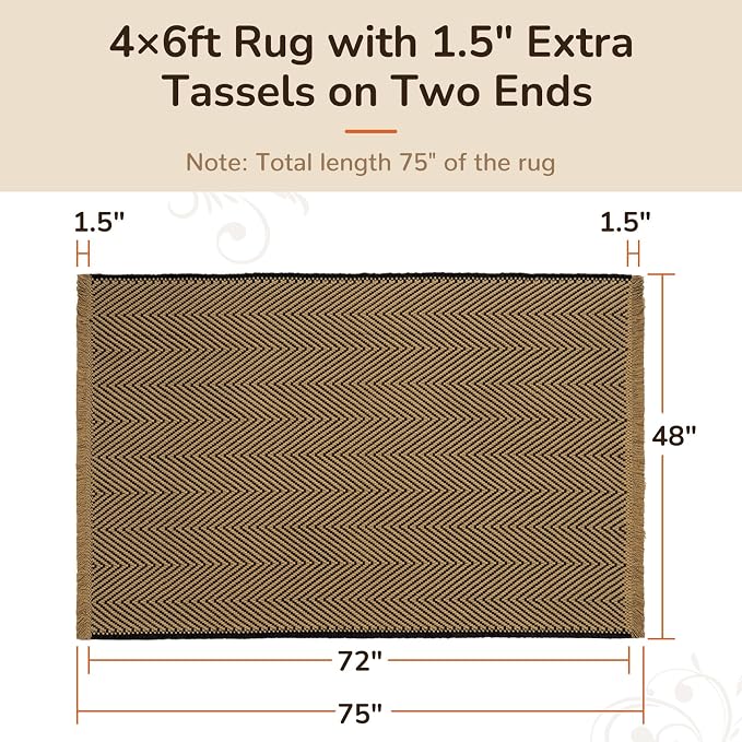 4x6 Washable Boho Area Rug with Tassels for Living Room Beige Black | Vacuum Friendly, Machine Washable, Non-Slip Rug, Modern Farmhouse Neutral Decor Carpet, Bedroom Dining Room Office Kitchen
