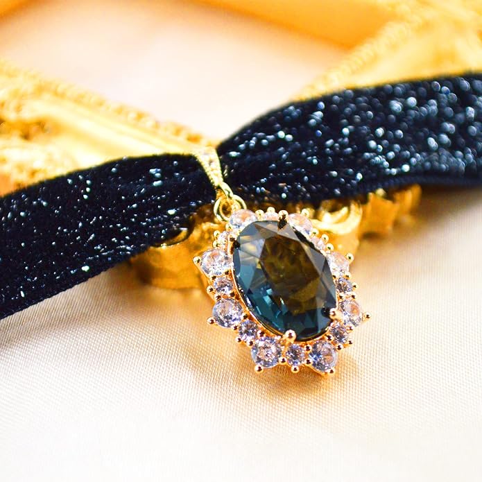 MOMOCAT 14K Gold Plated Sapphire Imitation Velvet Choker Necklace for Women Thick Chokers Birthstone Chocker Vintage Pendant Necklaces Chockers for Women Teen Girls Princess Costume Jewelry Aesthetic